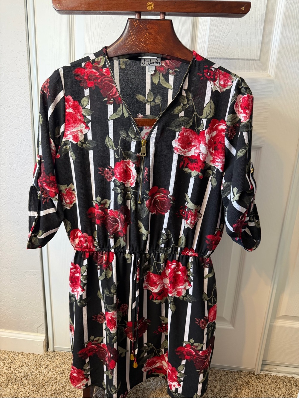 J for Justify Black Midi Dress with Red Rose Print